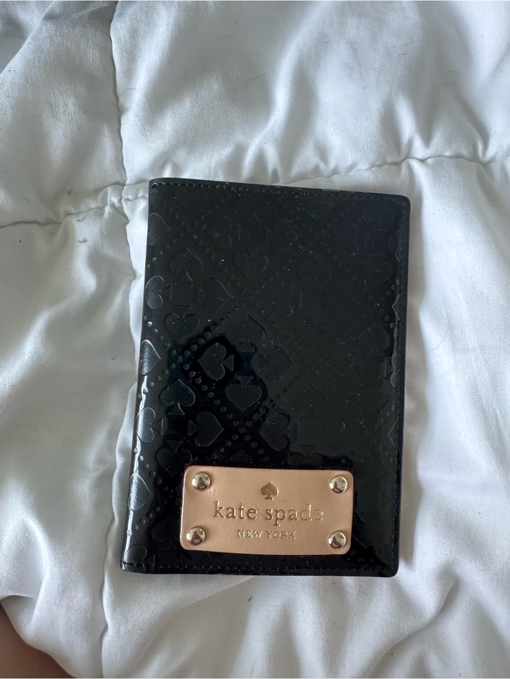 kate spade Black patent passport holder with Gold Plaque